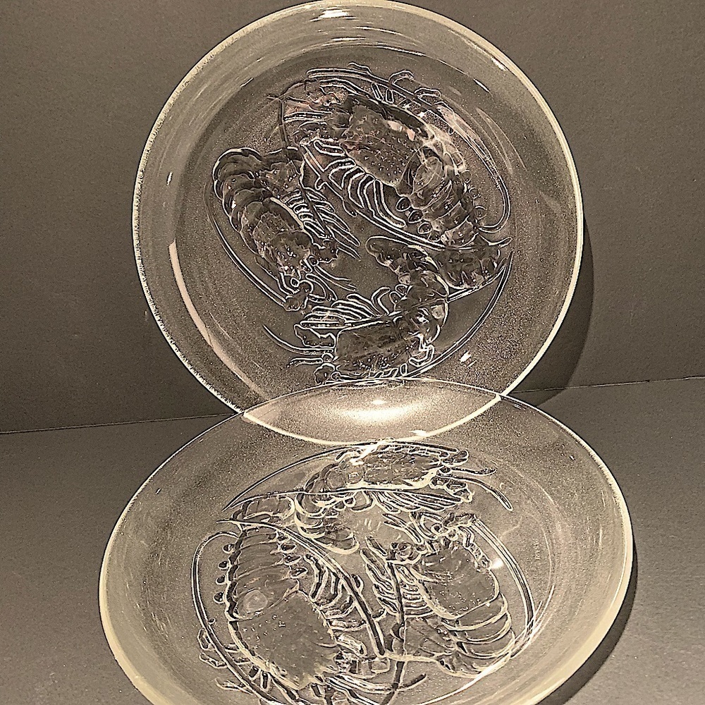 VINTAGE Pasari Set 2 Serving Dish Clear Embossed Shrimp Sea Food Frosted Glass